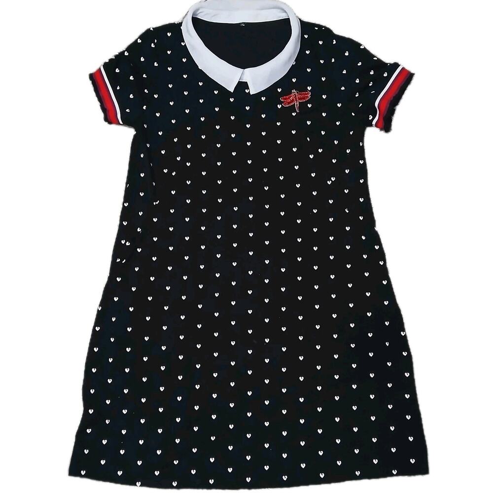 Kawaii Heart‎ Print Dress Peter Pan Collar Beaded Dragonfly Preppy 3X Retro